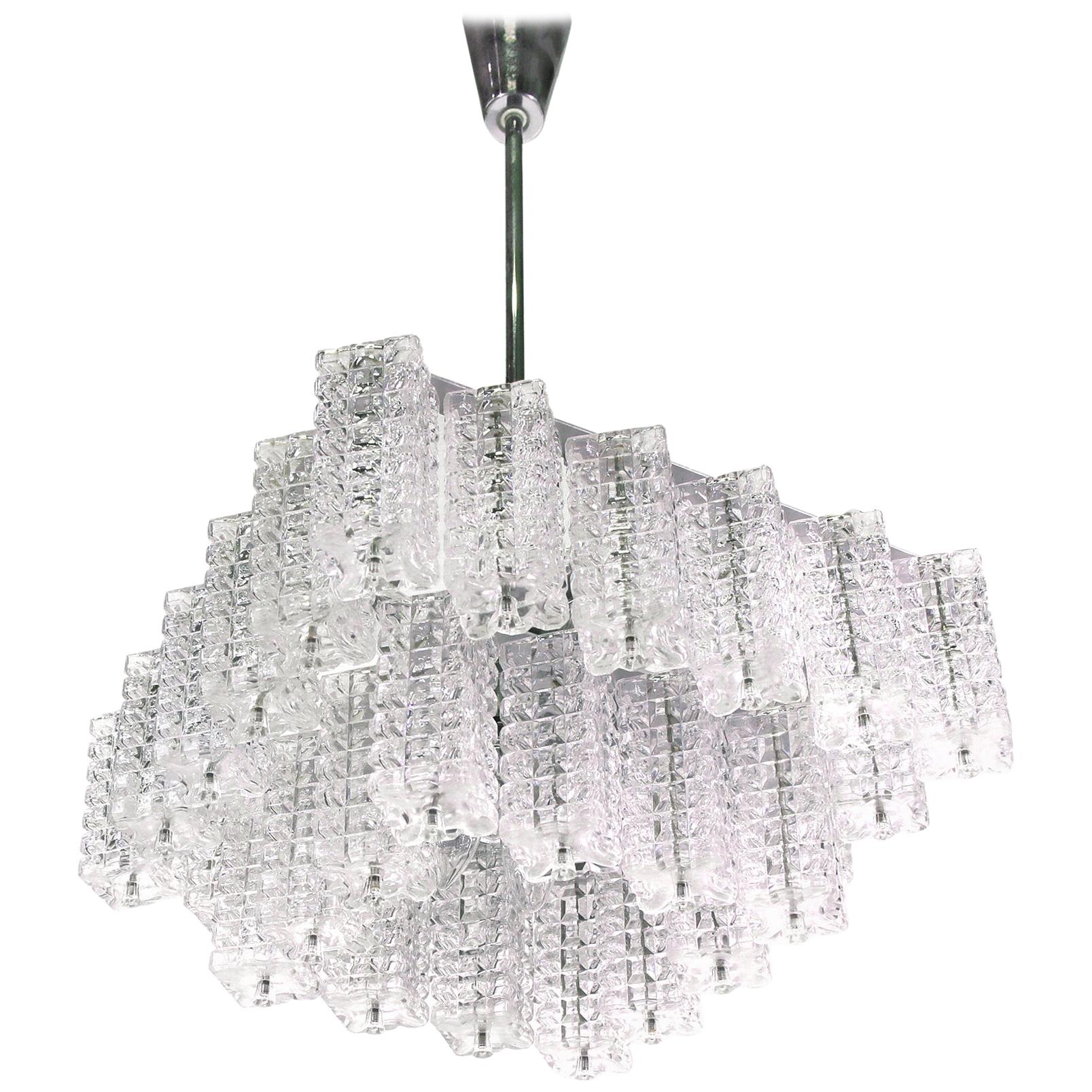 Square Chandelier Glass & Chrome by Austrolux, Vienna, 1960s For Sale
