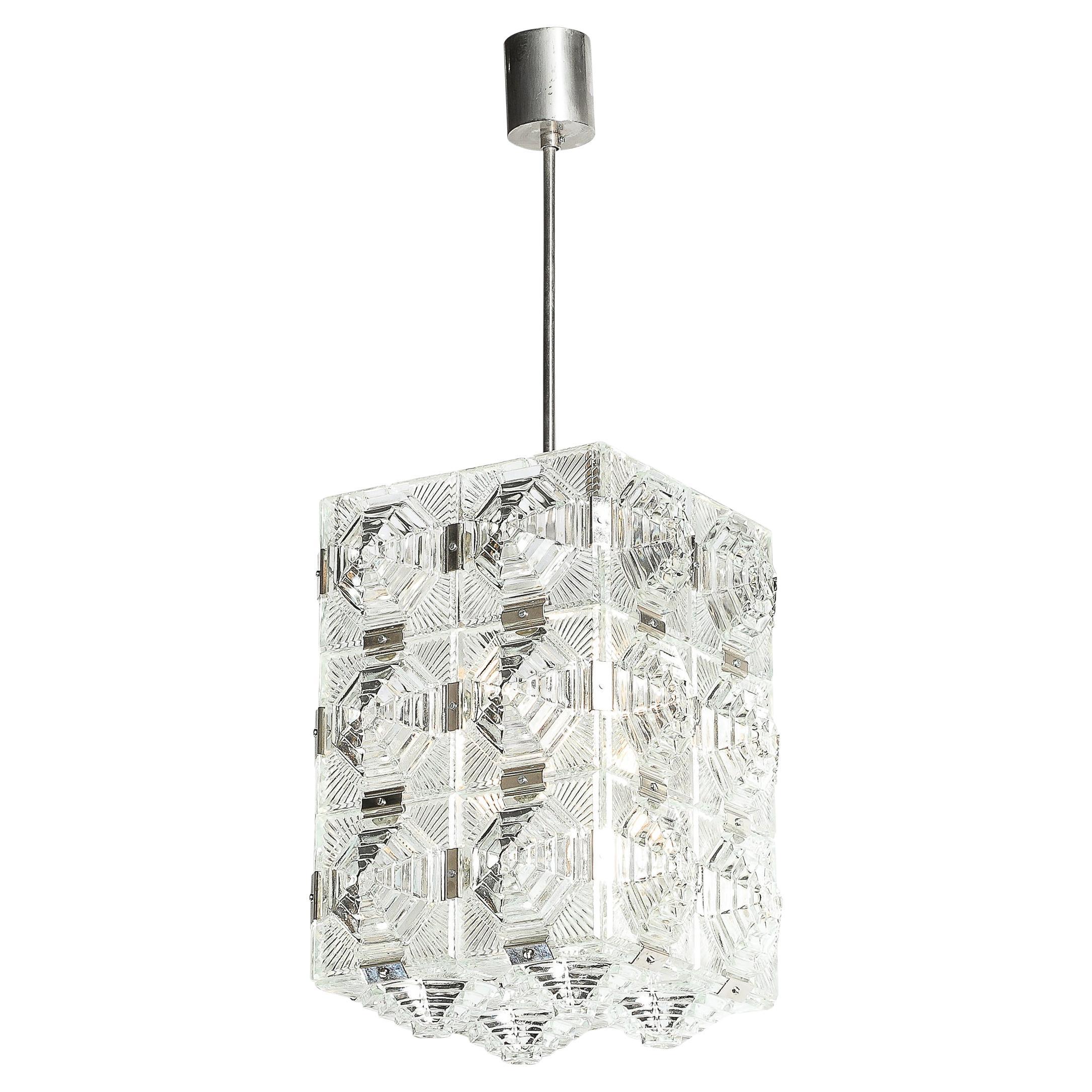 Mid-Century Glass & Chrome Fitted Rectangular Pendant Chandelier by Kinkeldey