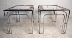 Mid-Century Glass & Chrome Tables w/ Burl Inserts