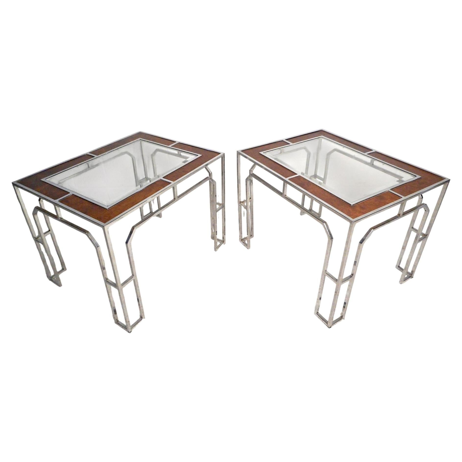 Mid-Century Glass & Chrome Tables w/ Burl Inserts