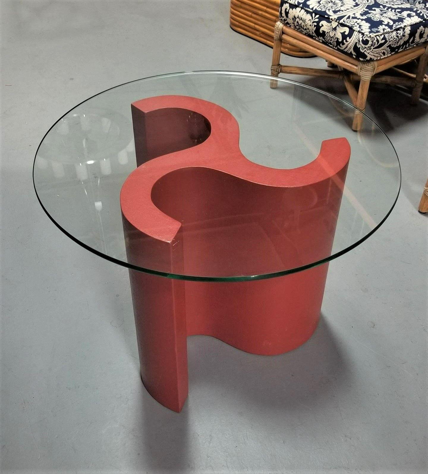 Mid-Century modern glass coffee table red spiral pedestal base in the style of Karl Springer