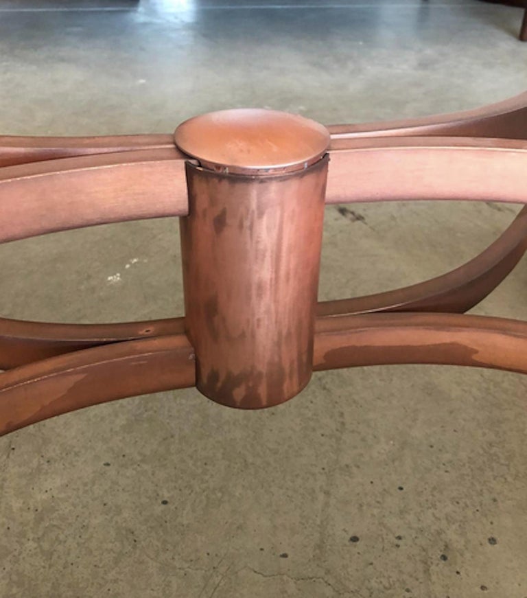 MidCentury Glass Coffee Table with Sculptural Copper Frame For Sale at