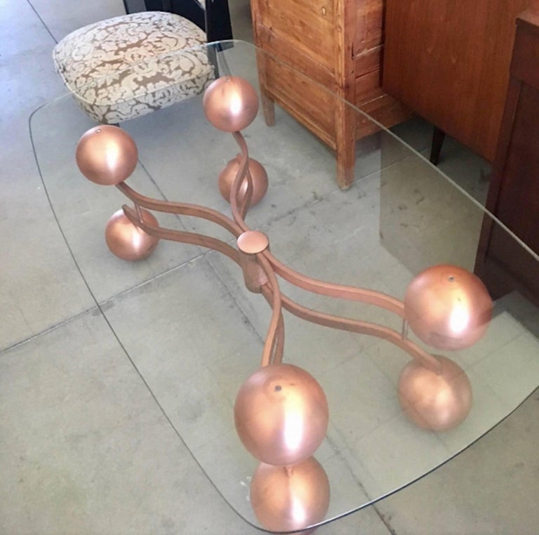 MidCentury Glass Coffee Table with Sculptural Copper Frame For Sale at