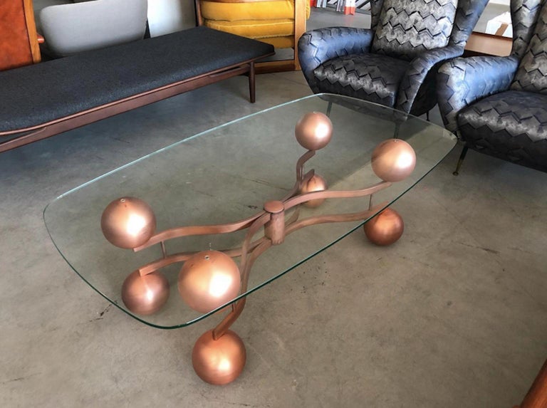 MidCentury Glass Coffee Table with Sculptural Copper Frame For Sale at