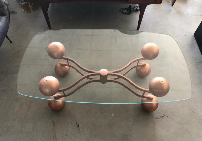 MidCentury Glass Coffee Table with Sculptural Copper Frame For Sale at