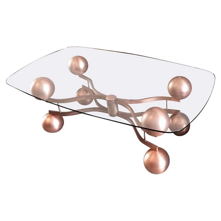 Mid-Century Glass Coffee Table with Sculptural Copper Frame For Sale at 1stDibs