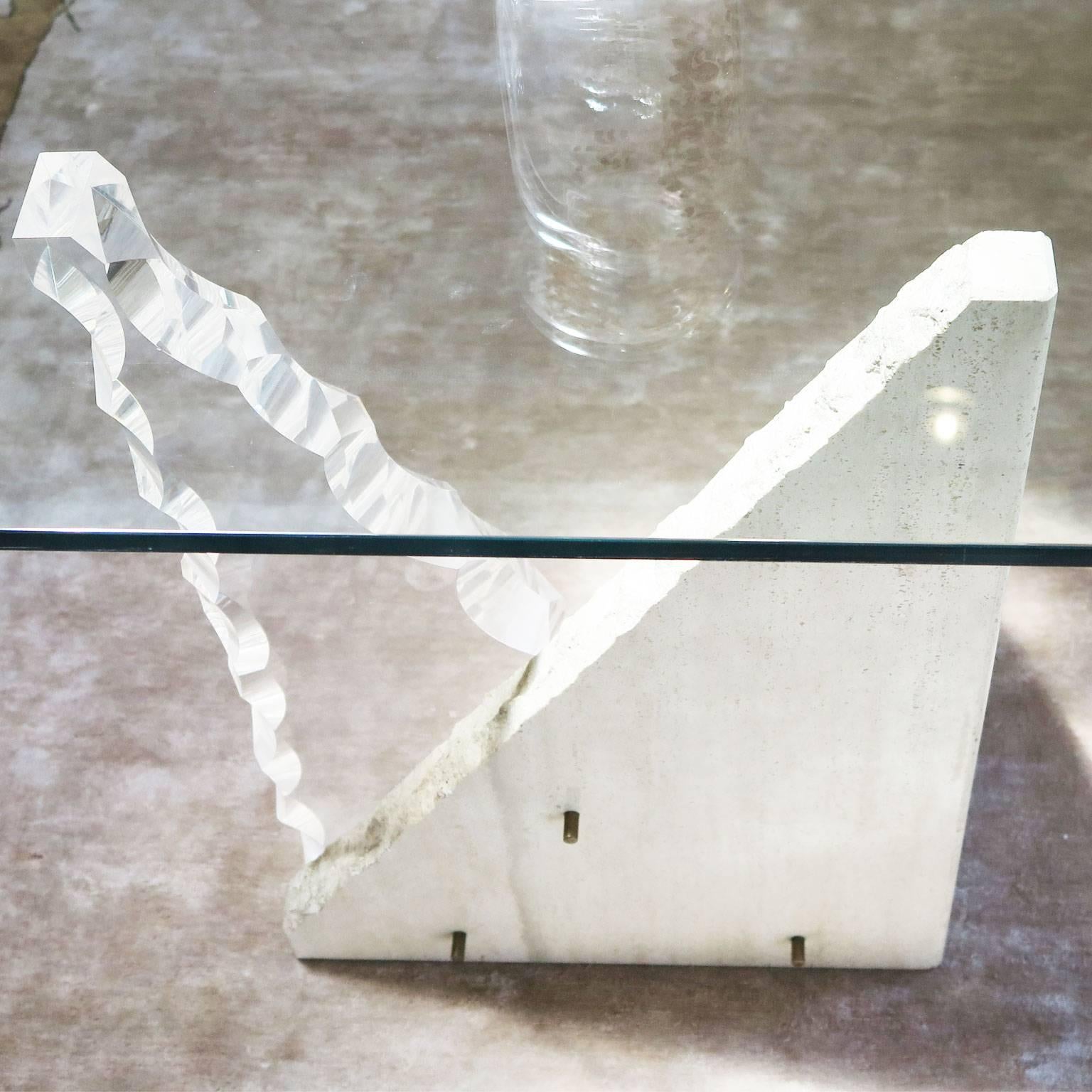 Midcentury Glass Console Table with Limestone and Lucite Bases In Good Condition In Los Angeles, CA