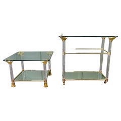 Mid Century Glass Drinks Trolley with Matching Side Table