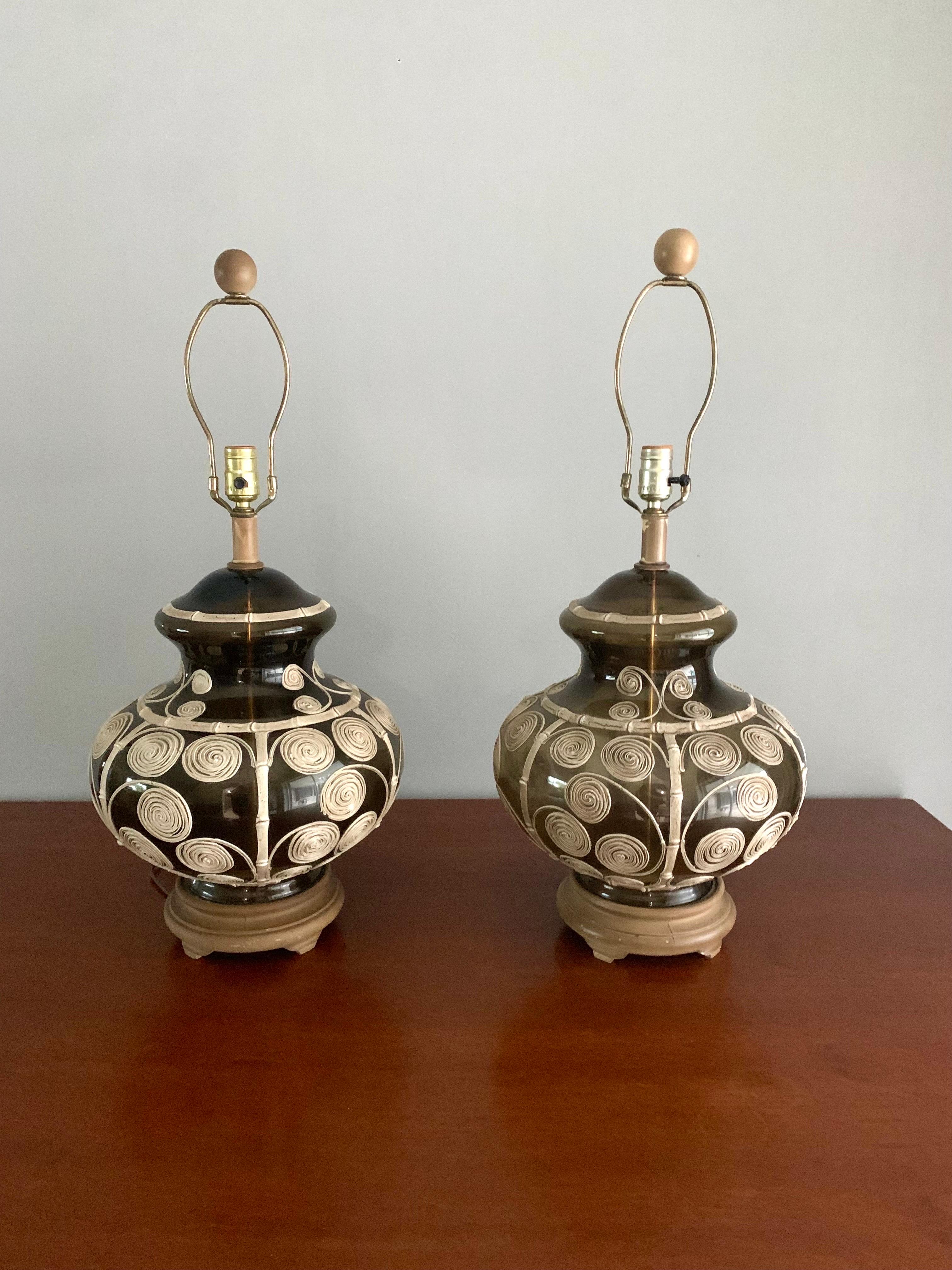 Mid-Century Glass Ginger Jar Lamps with Ceramic Faux Bamboo Detail, Pair For Sale 2