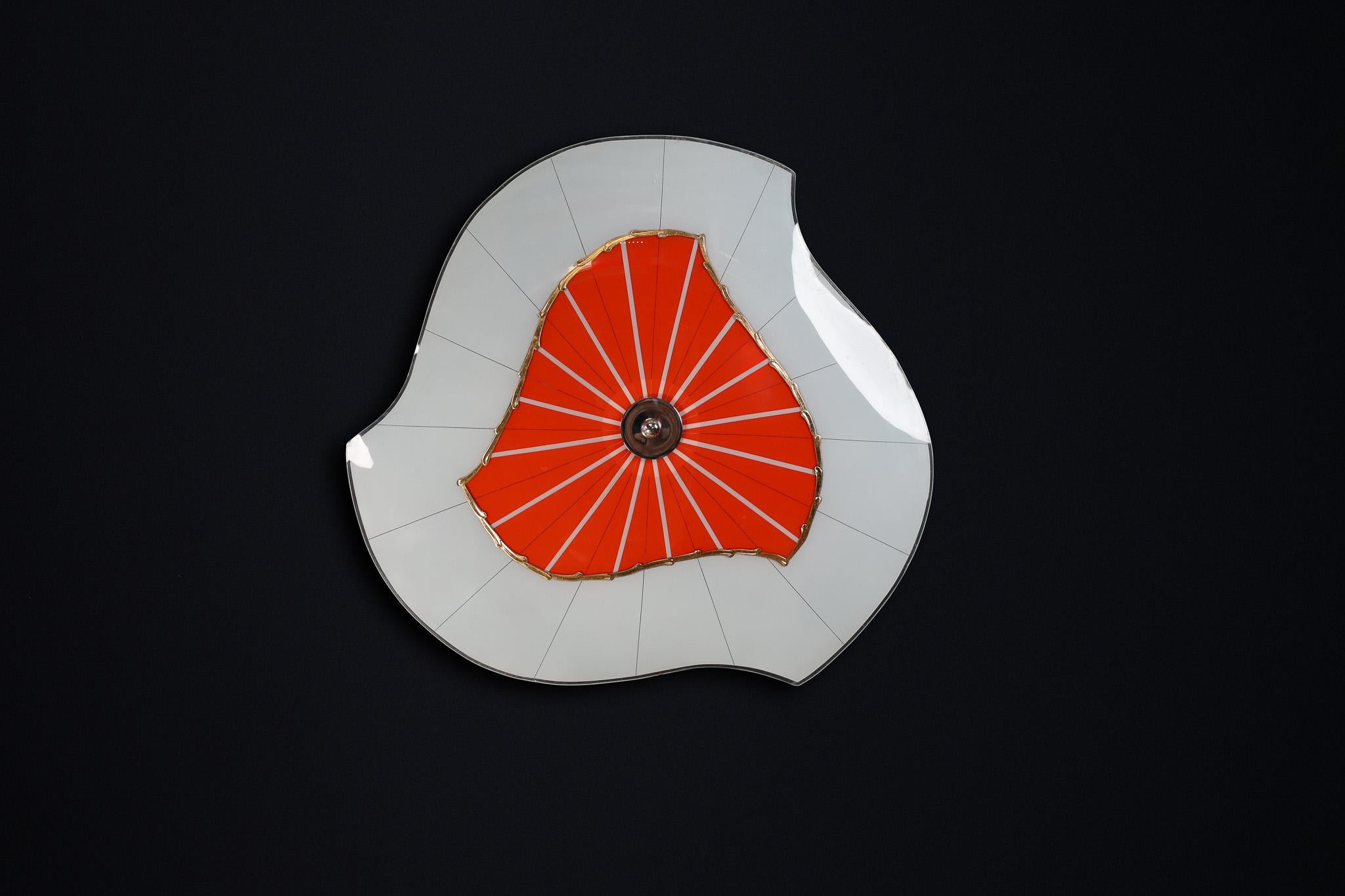 Mid-Century Glass Hanging Pendant Lamp or Wall Light Brussels World Expo 1958 (no:6)

This lighting is a stunning example of mid-century design and graphics, showcased at the Czechoslovakia Pavilion during the Brussels World Fair 1958. The lampshade