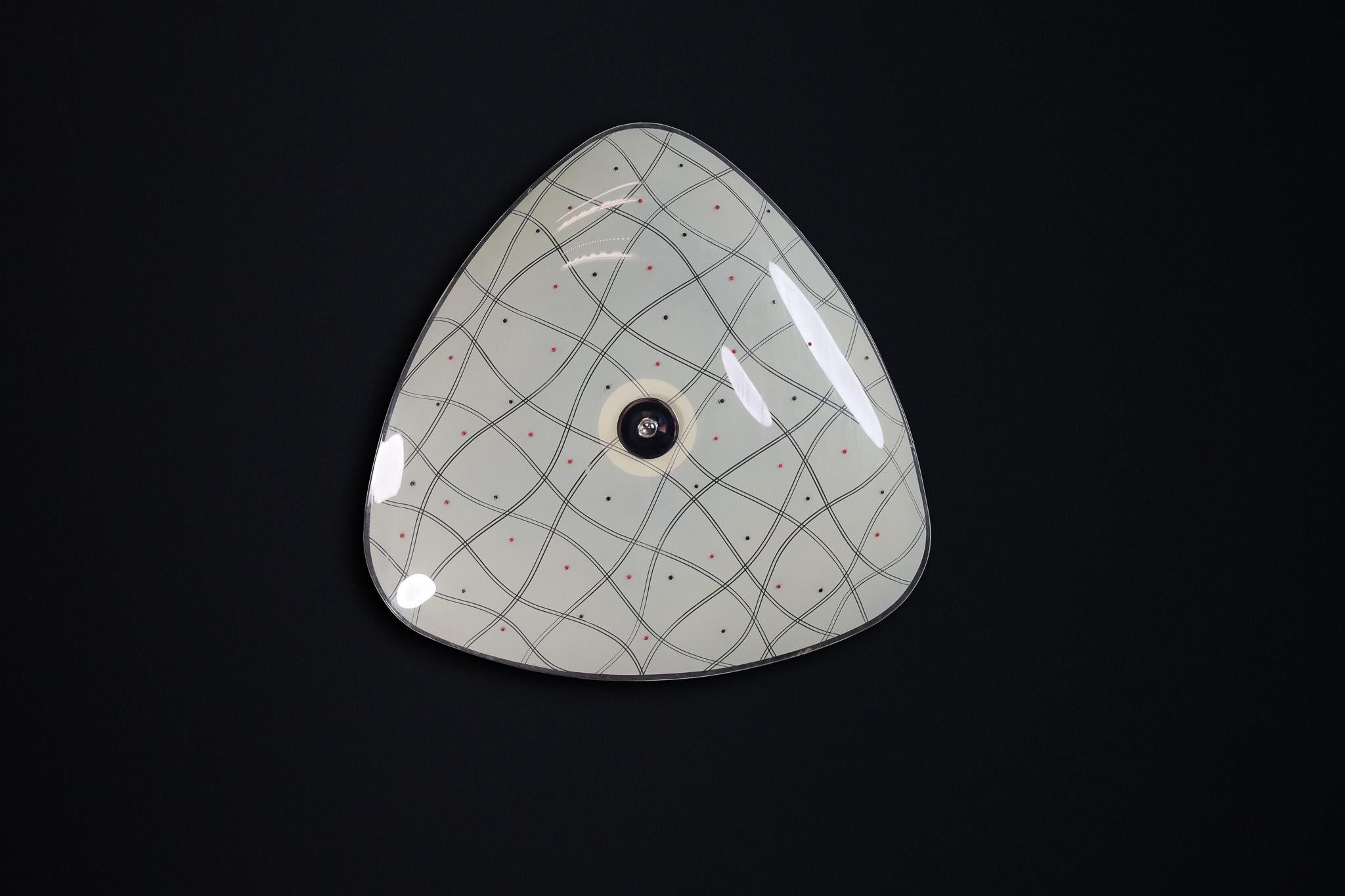 Mid-Century Glass Hanging Pendant Lamp or Wall Light Brussels World Expo 1958 (no13)

This lighting is a stunning example of mid-century design and graphics, showcased at the Czechoslovakia Pavilion during the Brussels World Fair 1958. The lampshade