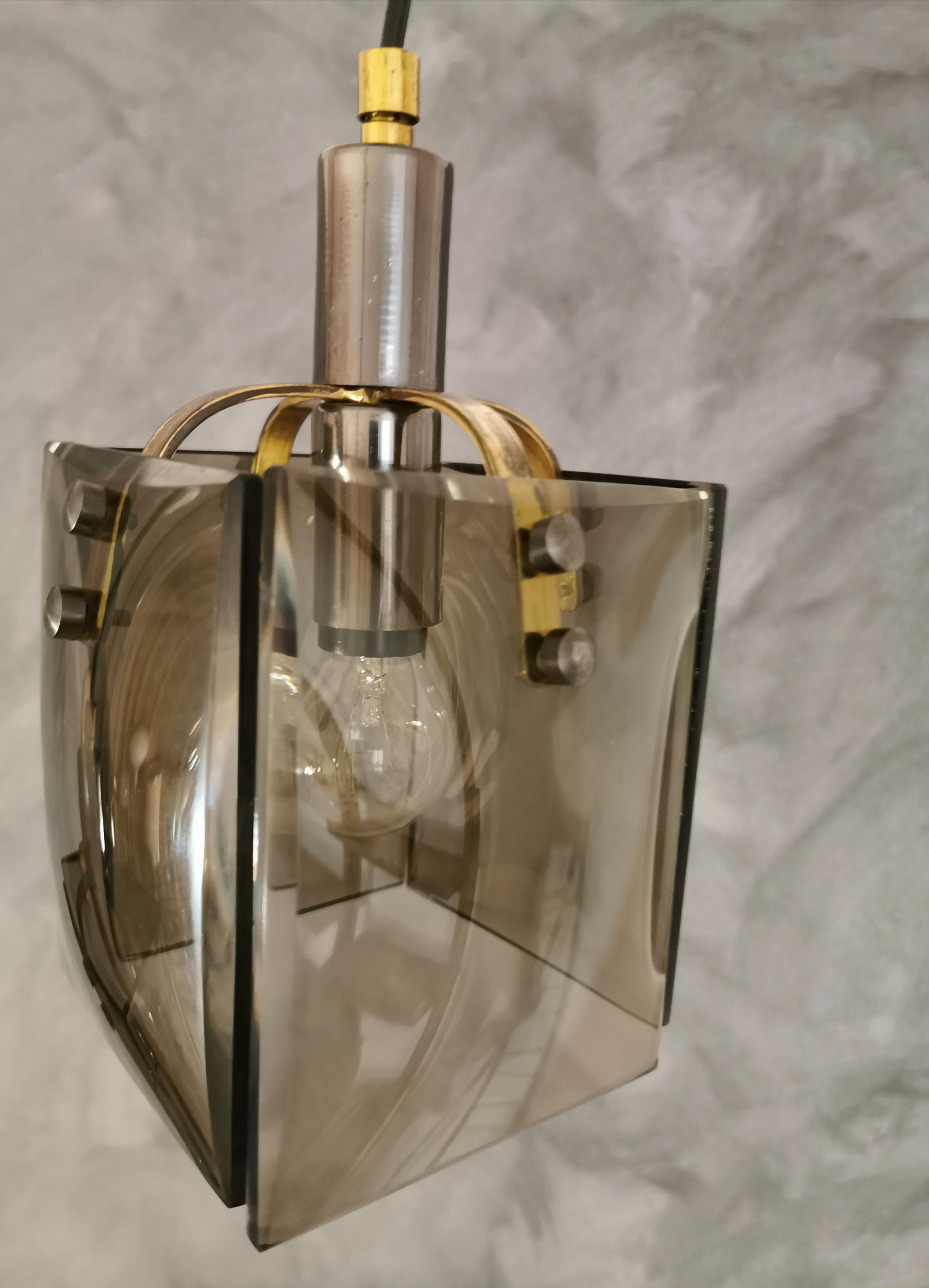 Mid-20th Century Mid-Century Chandelier Pendant Smoked Glass Brass Italian Design, 1960s