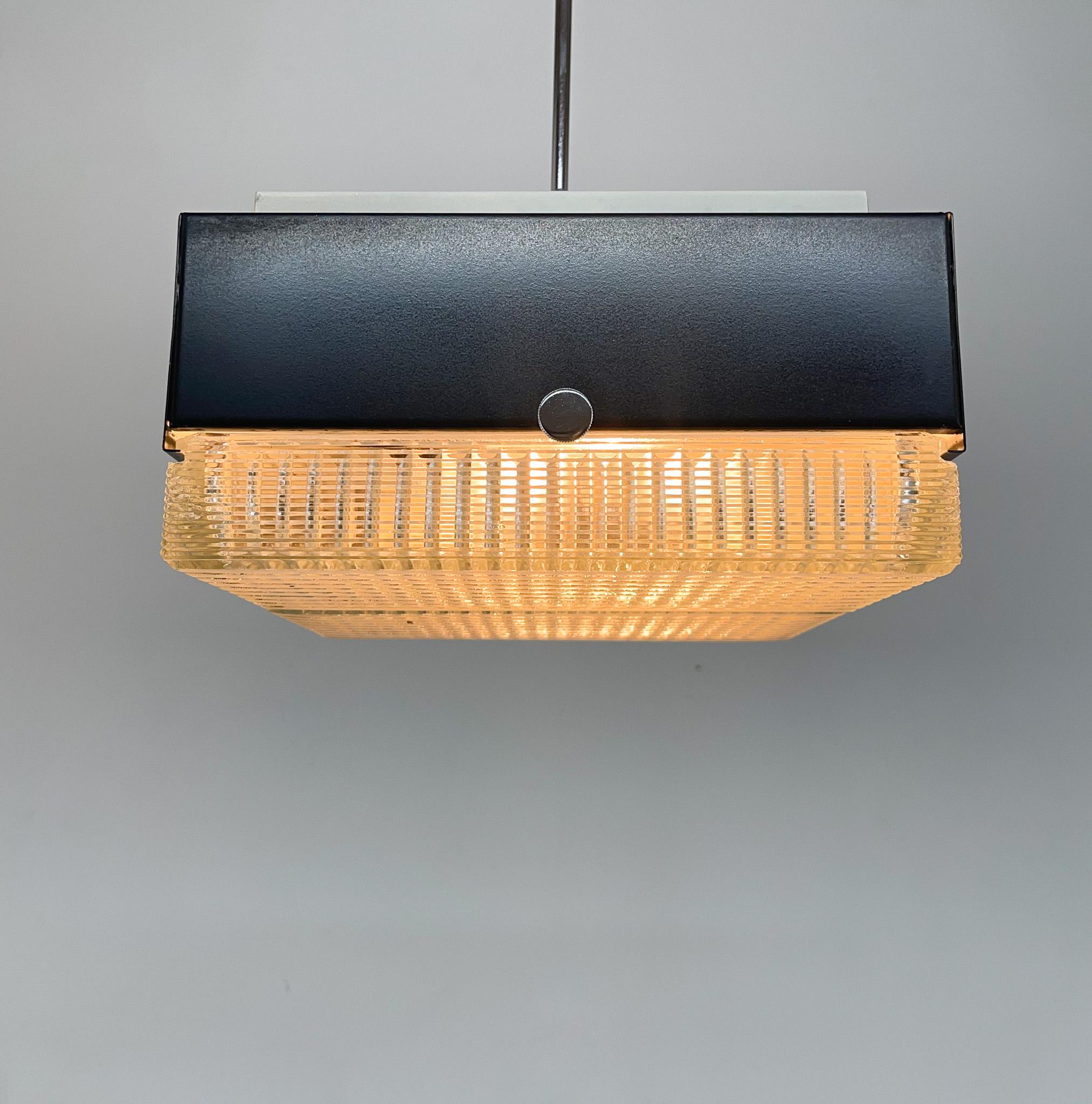 Mid-Century Glass & Metal Sqare Pendant Light by Napako, Czechoslovakia In Good Condition For Sale In Praha, CZ