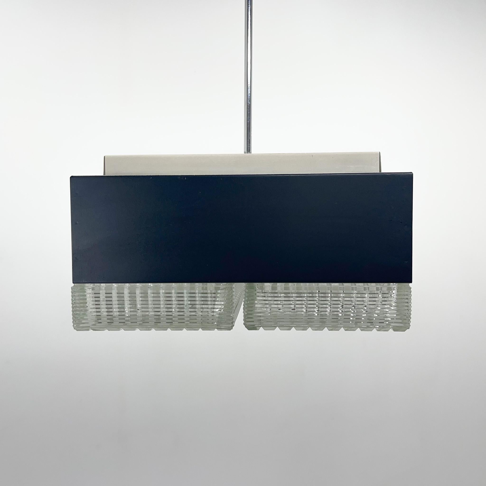 Mid-Century Glass & Metal Sqare Pendant Light by Napako, Czechoslovakia For Sale 2