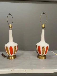 Mid-Century Glass Orange and Gold Table Lamps Pair
