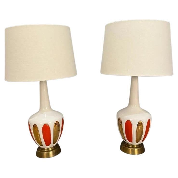 Mid-Century Glass Orange and Gold Table Lamps Pair