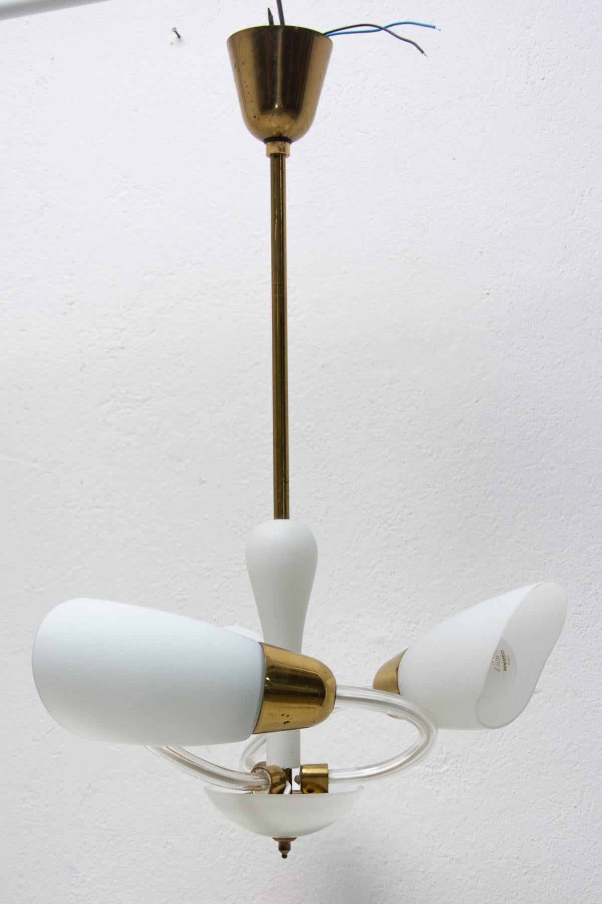 Mid century brass and glass pendant lamp in the shape of the bloom, it was made in Czechoslovakia in the 1960´s. In very good condition, new wiring.

Measures: Height: 68 cm

Width:51 cm

Depth: 51 cm

Lampshade height : 19 cm.
   