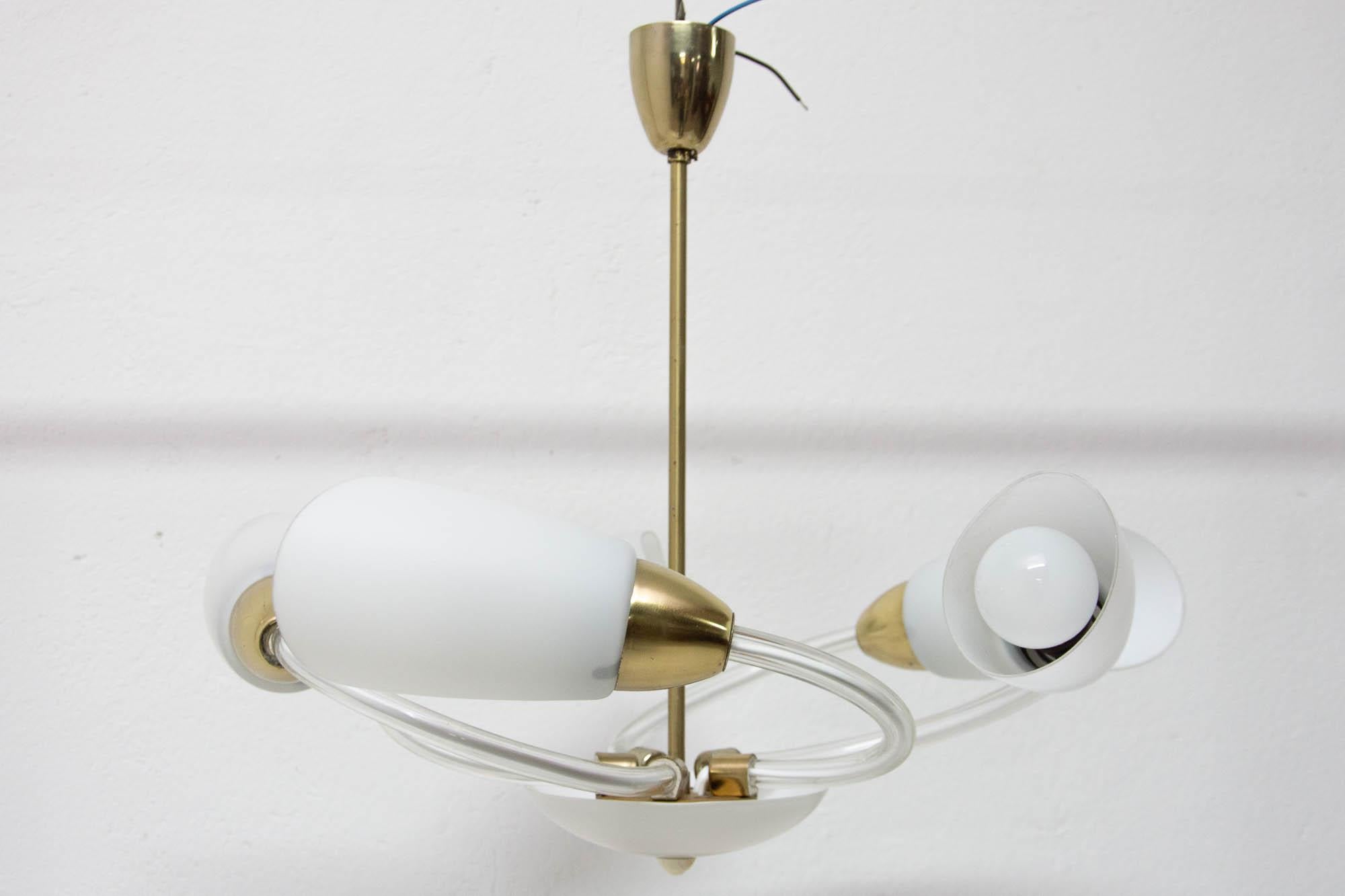 Brass Midcentury Glass Pendant Lamp, Bloom Shape, Czechoslovakia, 1960s For Sale