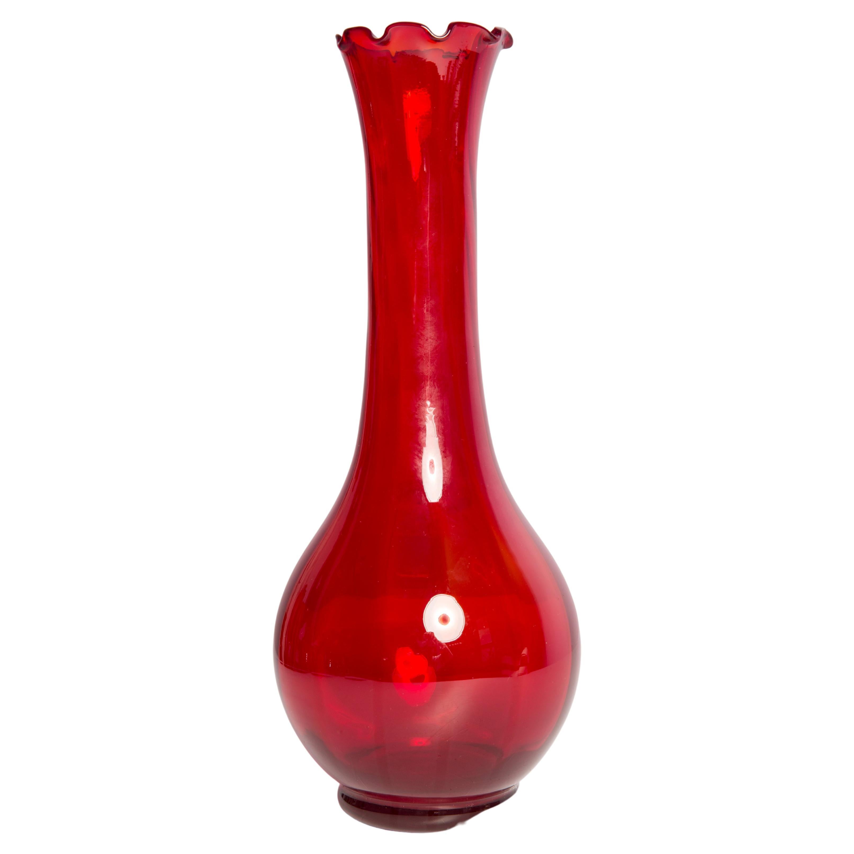 Midcentury Glass Red Vase with a Frill, Europe, 1960s For Sale