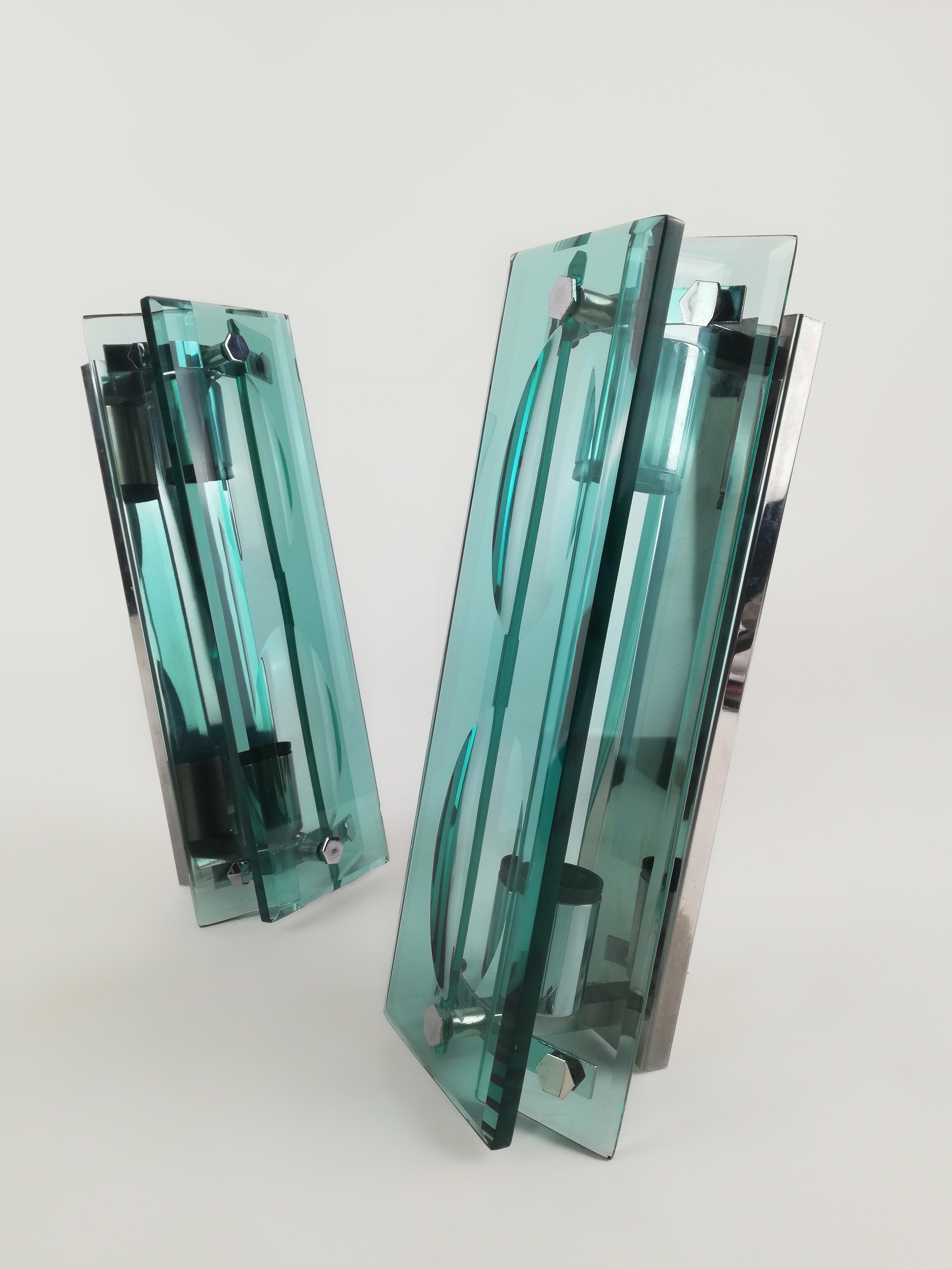 20th Century Midcentury Glass Sconces in the Style of Fontana Arte, Italy, 1960, Set of 2 For Sale