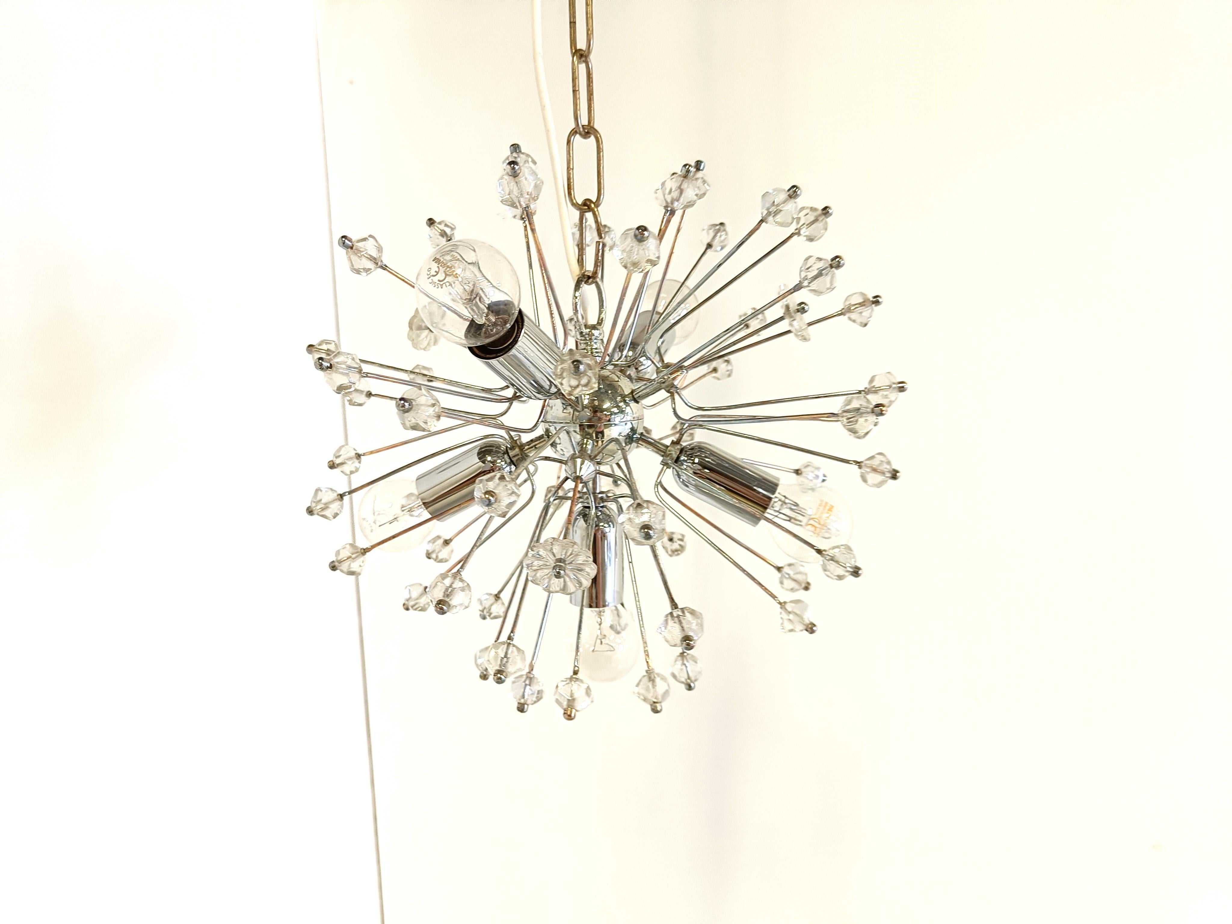 Mid century sputnik chandelier designed by Emil Stejnar for Rupert Nikoll.

1960s Austria 

Tested and ready to use.

We can change the chain length if desired.

Works with E14 light bulbs.

Dimensions:
Height: 58cm/22.83
Diameter: