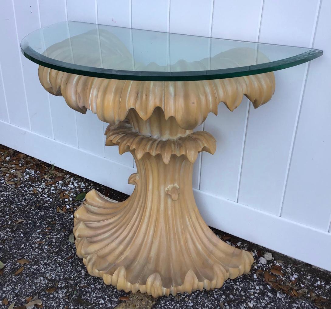 Mid-Century Glass Top Carved Wood Console Table In Excellent Condition For Sale In Bradenton, FL