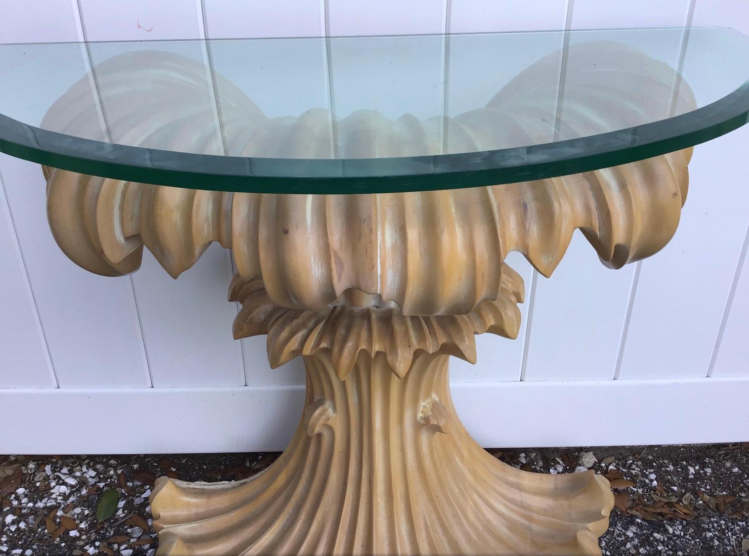 20th Century Mid-Century Glass Top Carved Wood Console Table For Sale
