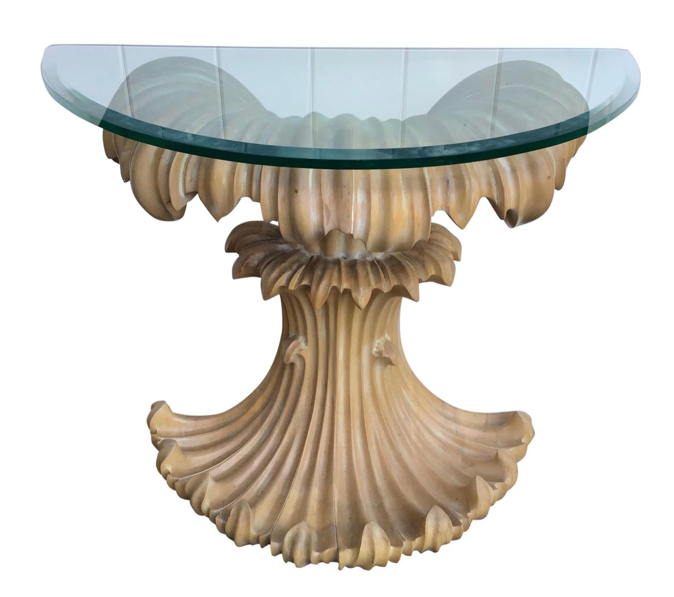 Mid-Century Glass Top Carved Wood Console Table For Sale 3