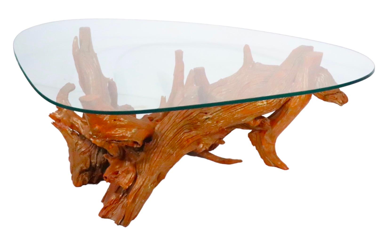 Mid-Century Modern Mid Century Glass Top Driftwood Base Coffee Table, circa 1950/1960s For Sale