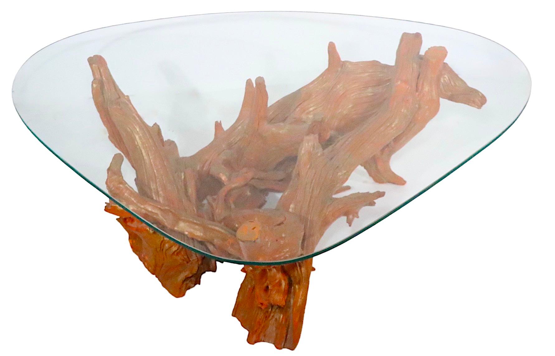 American Mid Century Glass Top Driftwood Base Coffee Table, circa 1950/1960s For Sale