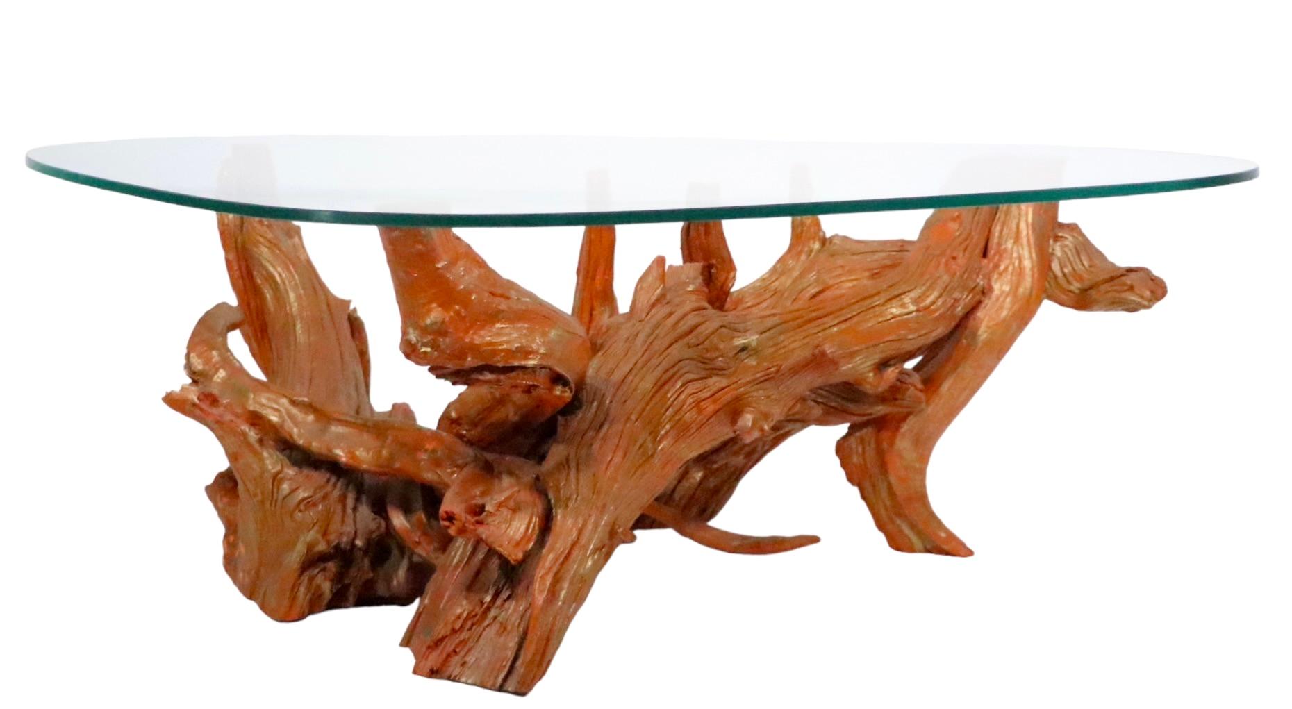 Mid Century Glass Top Driftwood Base Coffee Table, circa 1950/1960s For Sale 1