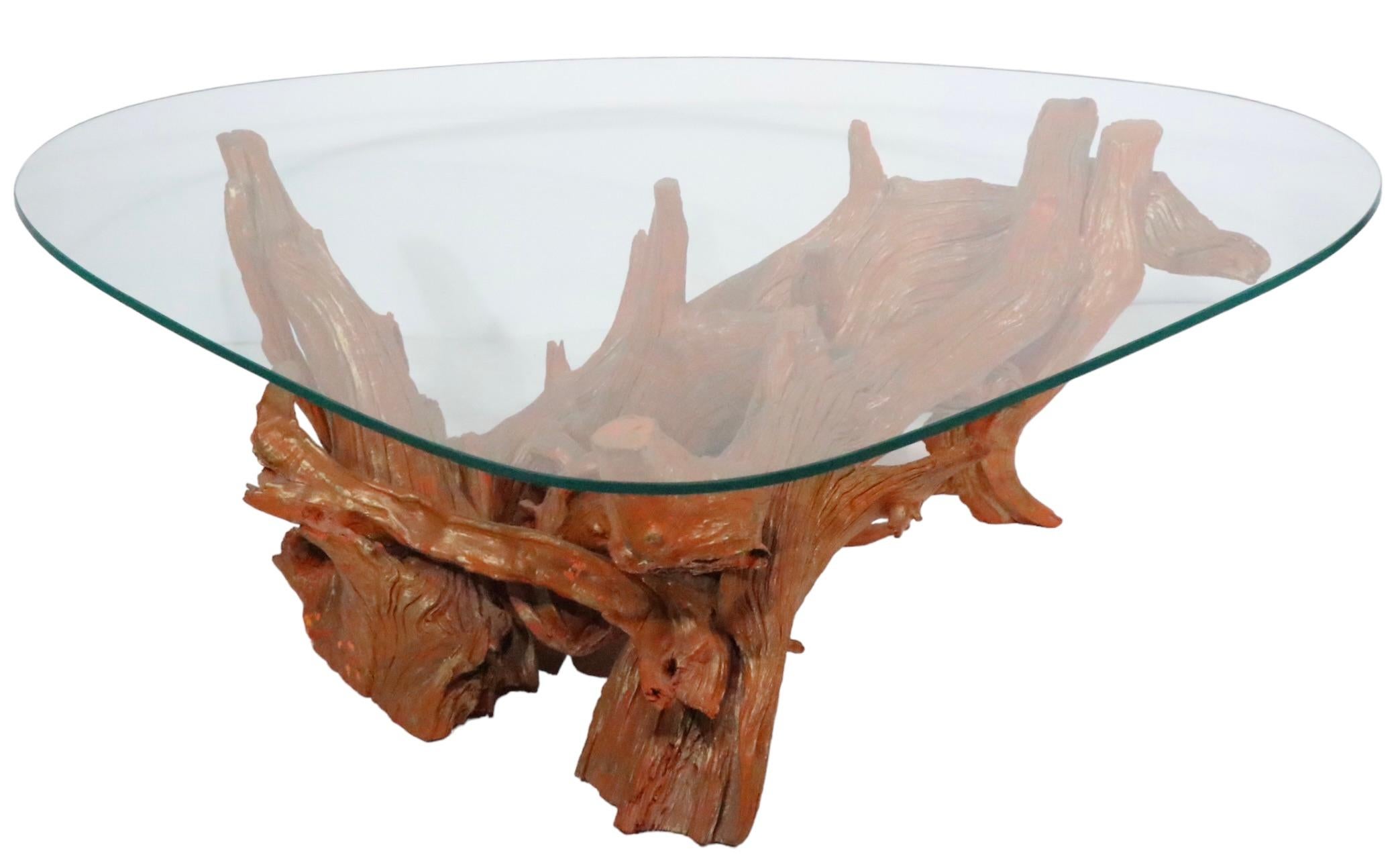 Mid Century Glass Top Driftwood Base Coffee Table, circa 1950/1960s For Sale 2