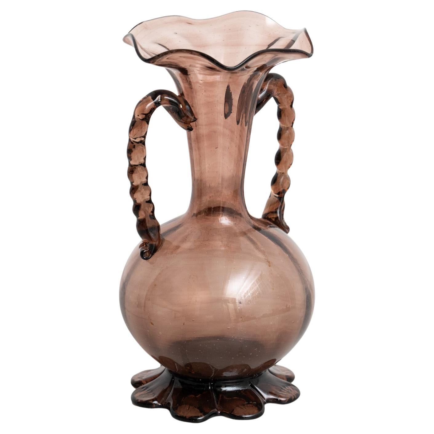 Mid Century Glasvase - mundgeblasenes Glas in Aubergine Lila