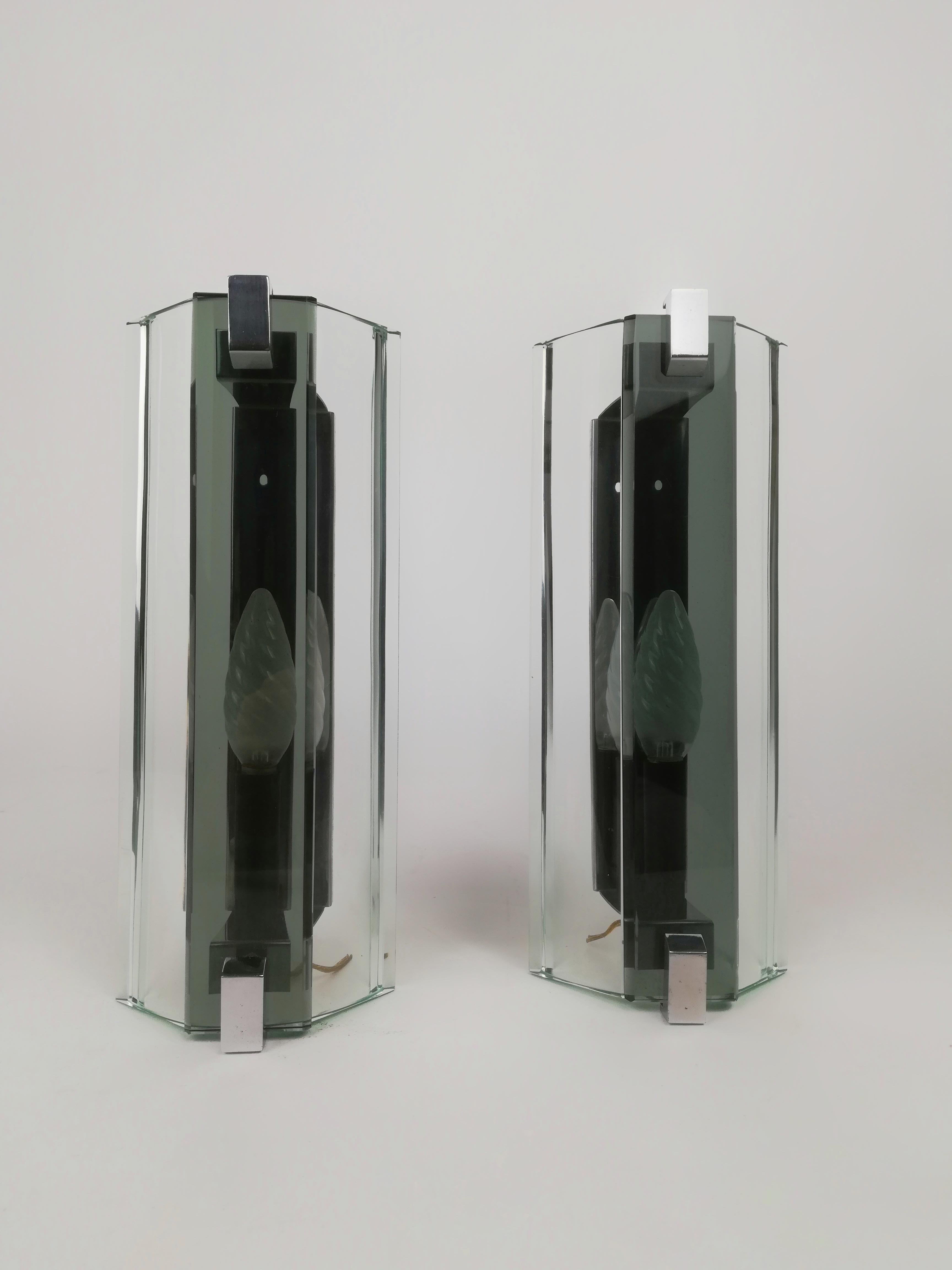 Mid-Century Glass Wall Sconces from Veca, Italy, 1970s, Set of 2 In Good Condition In Roma, IT