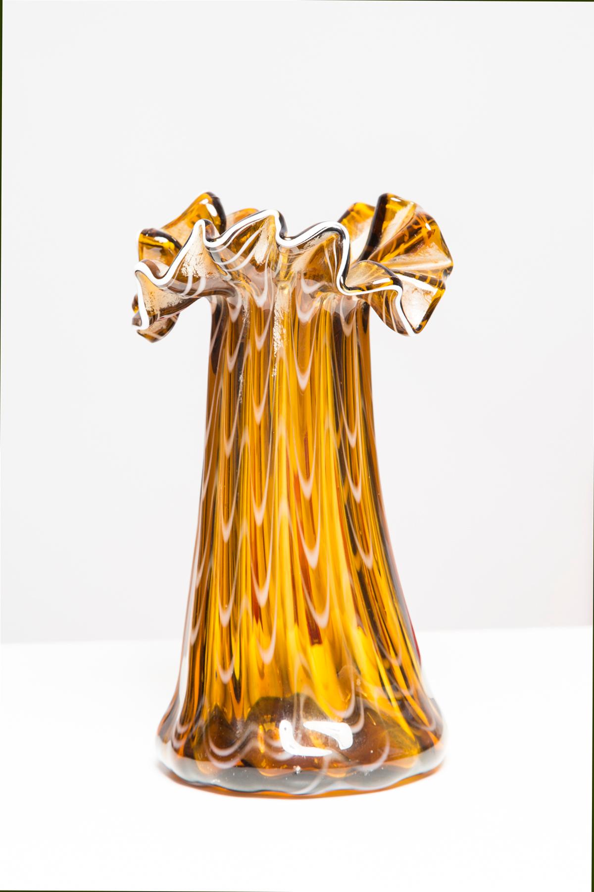 Hand-Painted Mid Century Glass Yellow and White Small Vase with a Frill, Europe, 1960s For Sale