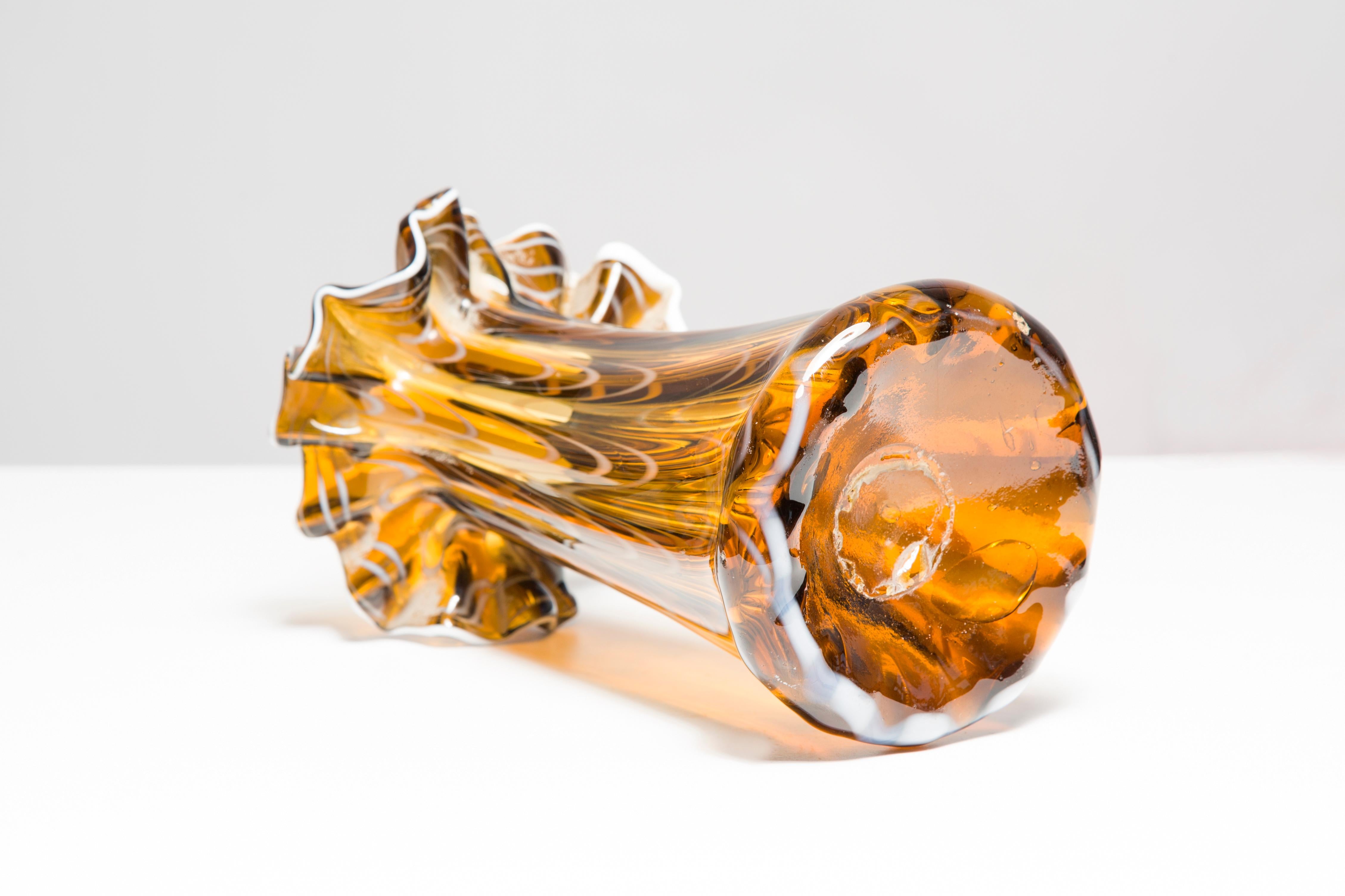 Mid Century Glass Yellow and White Small Vase with a Frill, Europe, 1960s For Sale 1
