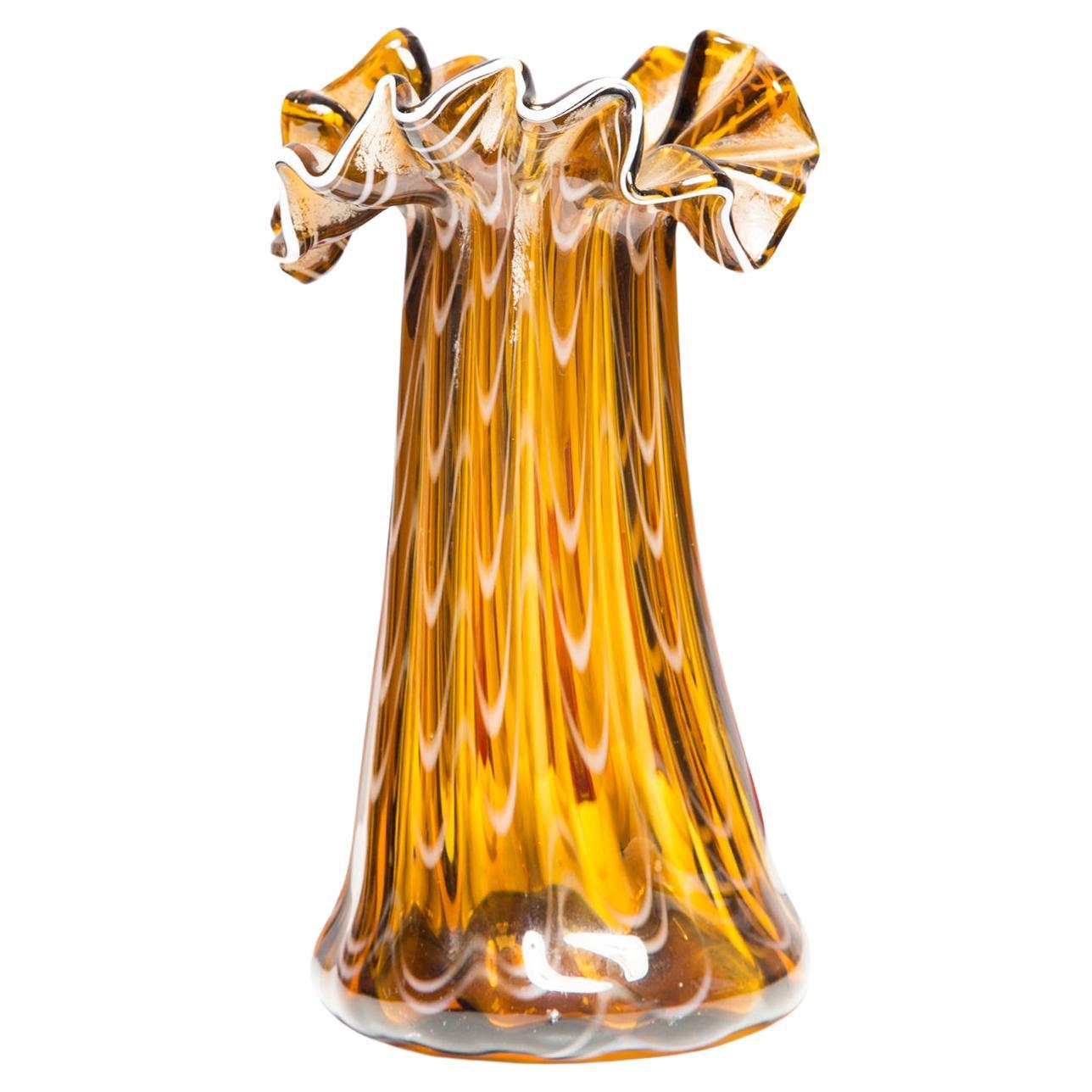 Mid Century Glass Yellow and White Small Vase with a Frill, Europe, 1960s For Sale