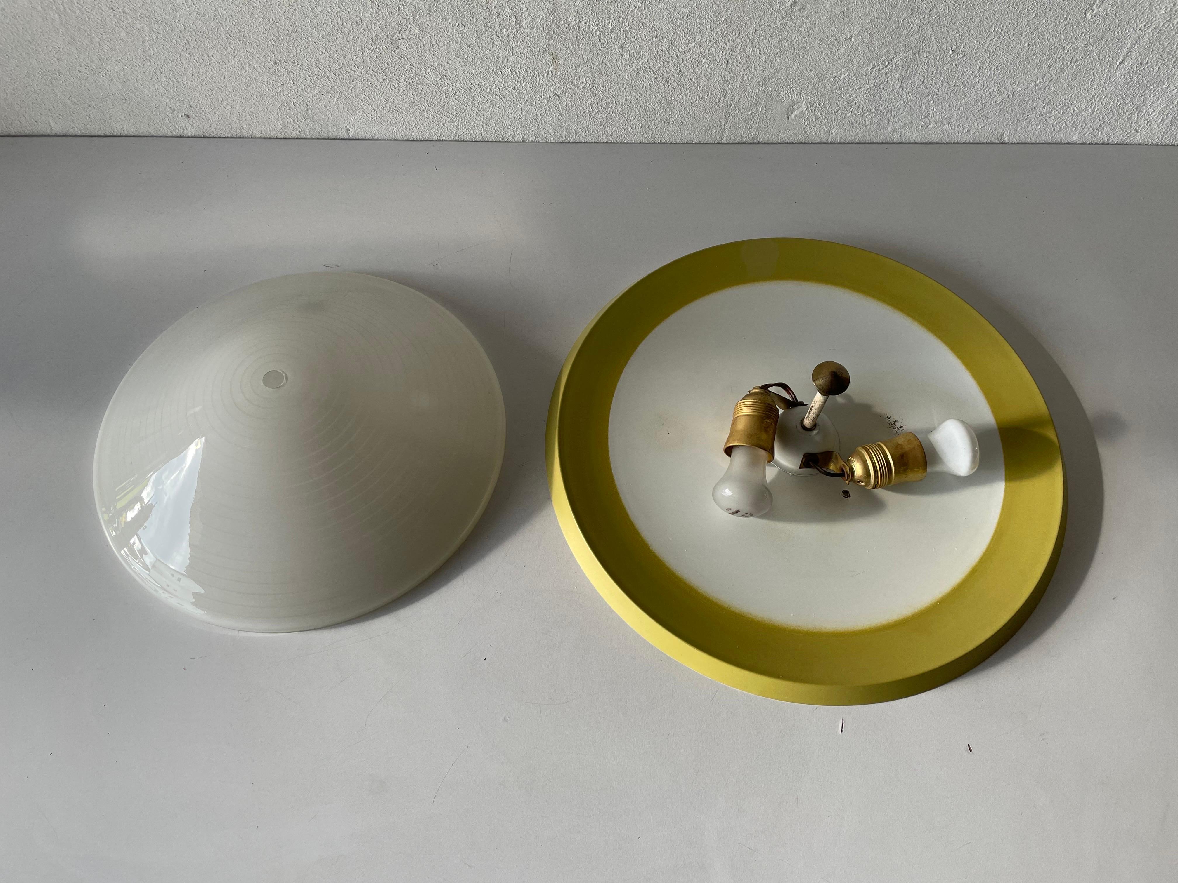 Mid Century Glass & Yellow Metal Flush Mount Ceiling Lamp, 1950s, Germany For Sale 8
