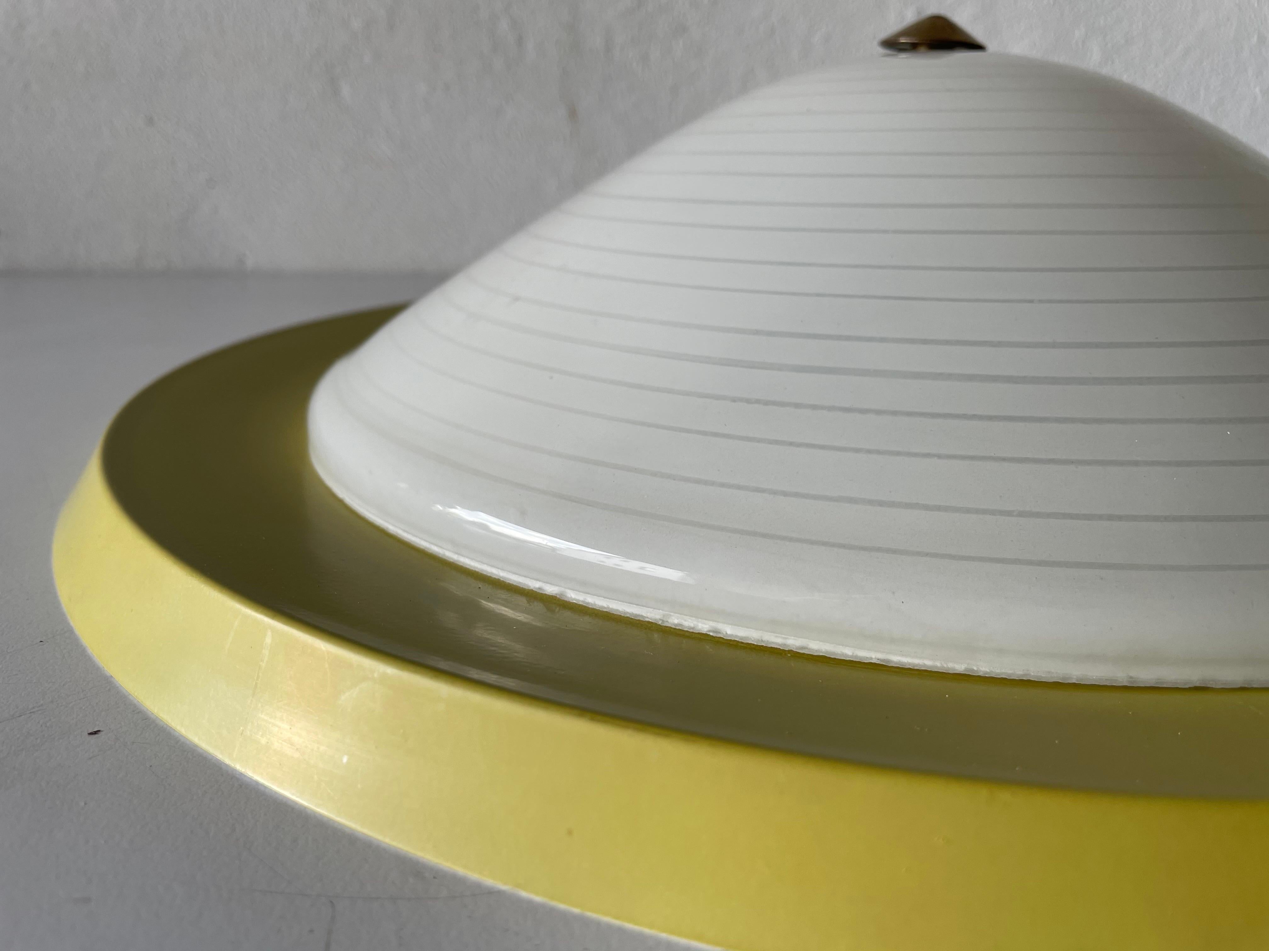 Mid-20th Century Mid Century Glass & Yellow Metal Flush Mount Ceiling Lamp, 1950s, Germany For Sale