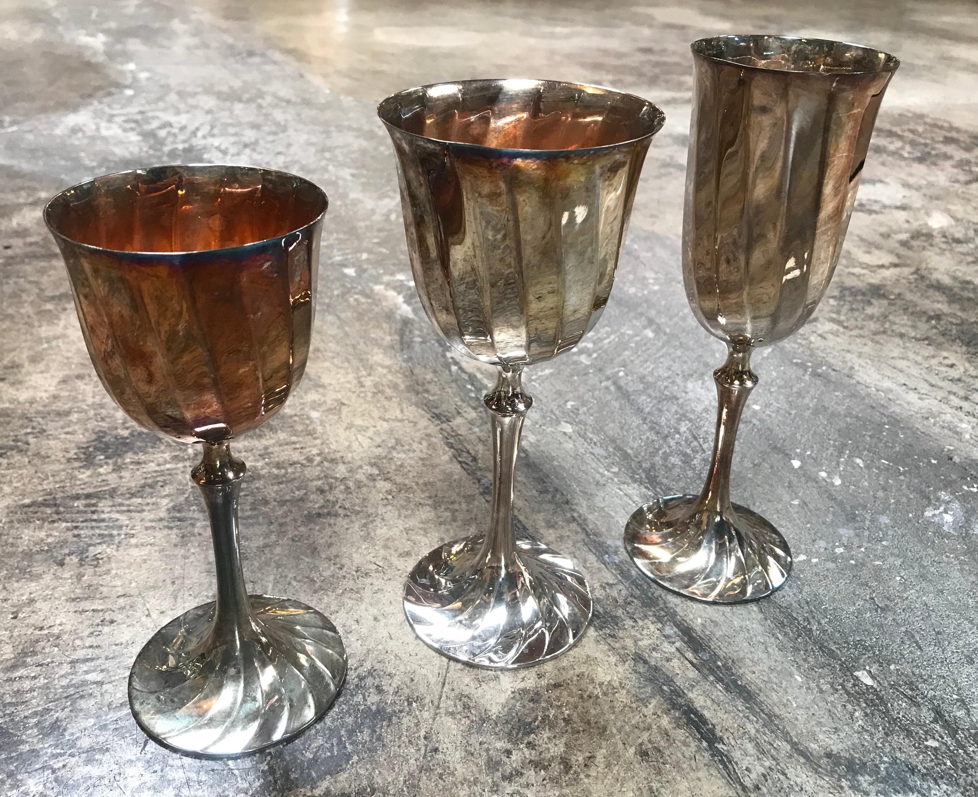 Italian Midcentury Glassware Set for 10 Silver-Plated Glasses, Italy, 1950s