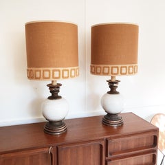 Midcentury Glazed Ceramic and Paper Giltwood Lamps with Original Linen Shades