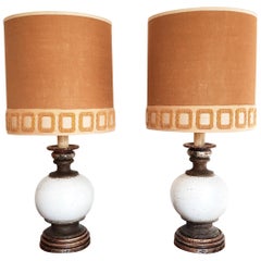 Midcentury Glazed Ceramic and Paper Giltwood Lamps with Original Linen Shades