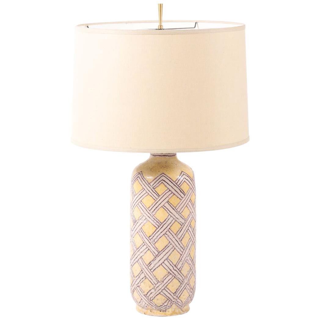 Midcentury Glazed Ceramic Table Lamp Lattice Design by Guido Gambone, Signed For Sale