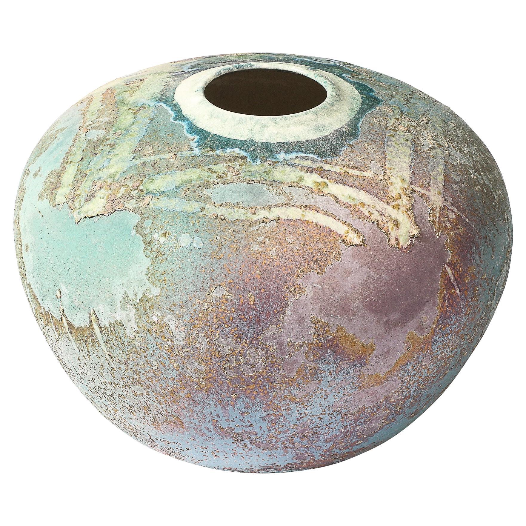 Mid-Century Glazed Gray 
Violet Textural Ceramic Vase Signed Tony Evans