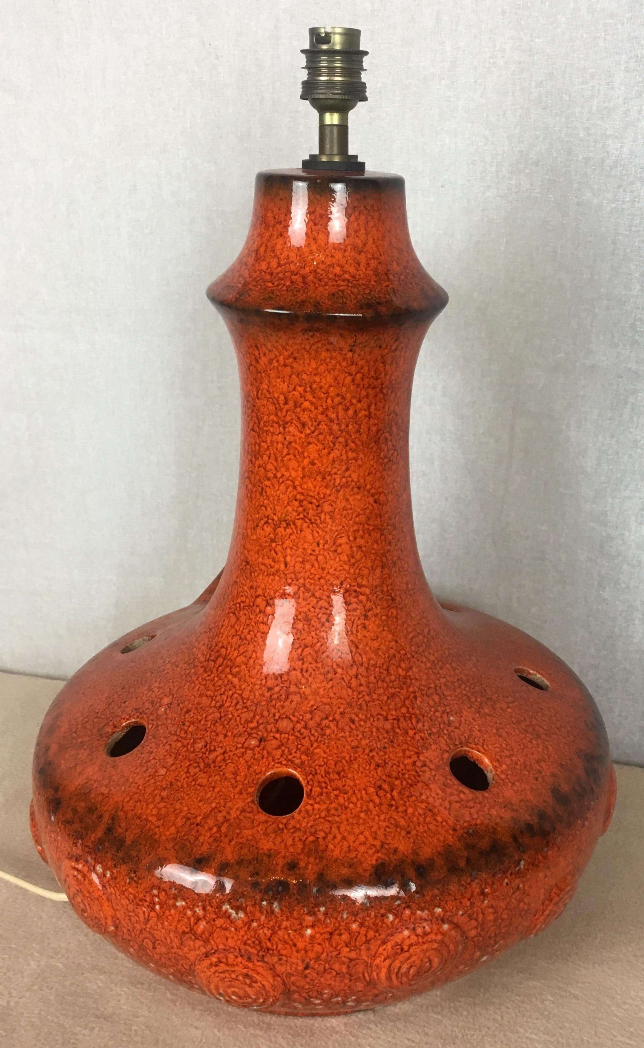 French Midcentury Glazed Burnt Orange Ceramic Table Lamp, circa 1950s