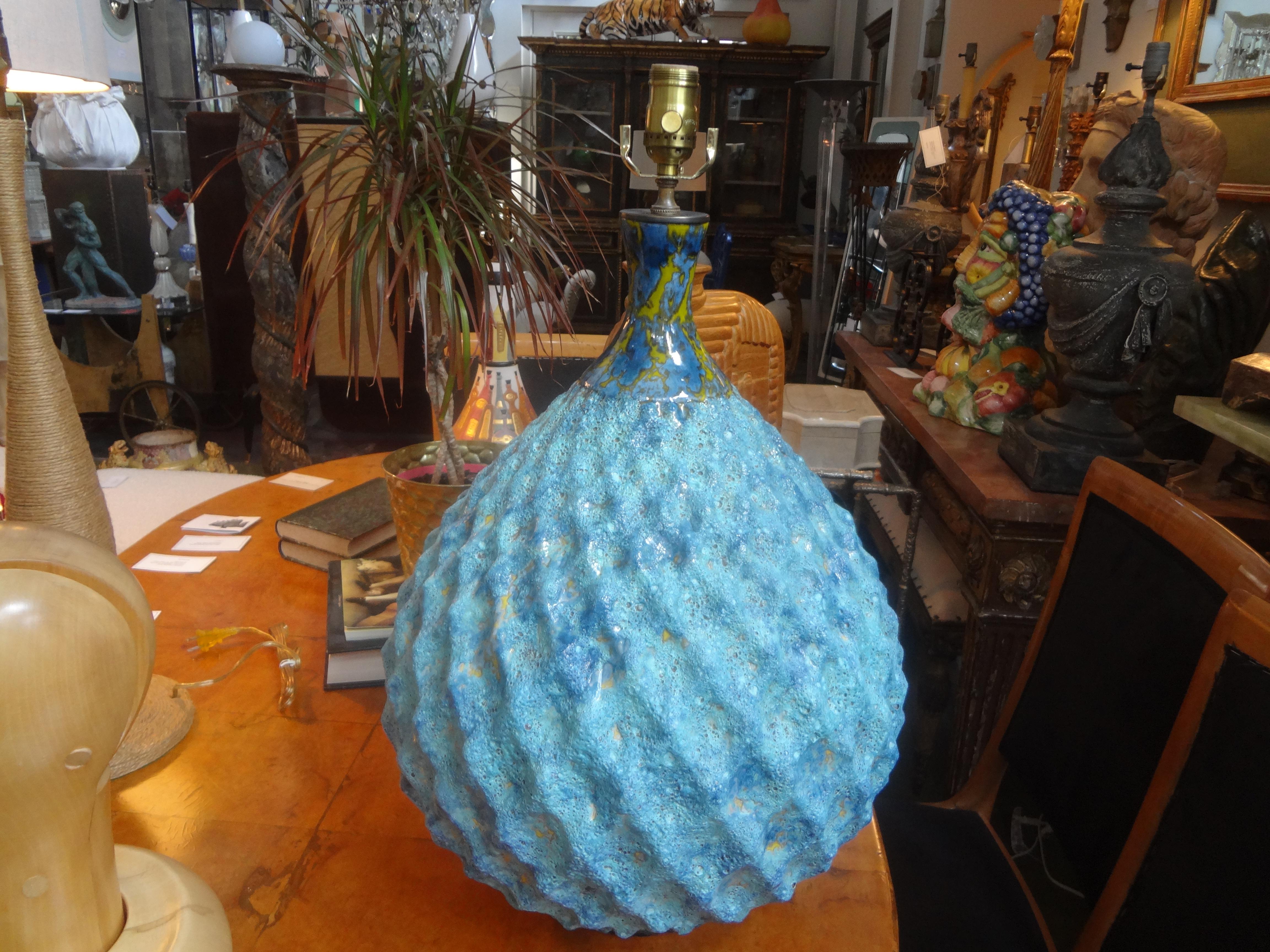 Midcentury glazed pottery artichoke lamp. This stunning vintage glazed pottery lamp has great color and texture and has been newly wired with new sockets.