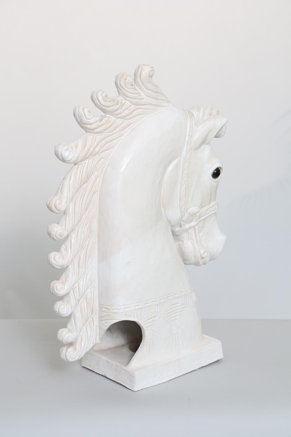 French Midcentury Glazed Pottery Horse Head Sculpture, France, 1950s