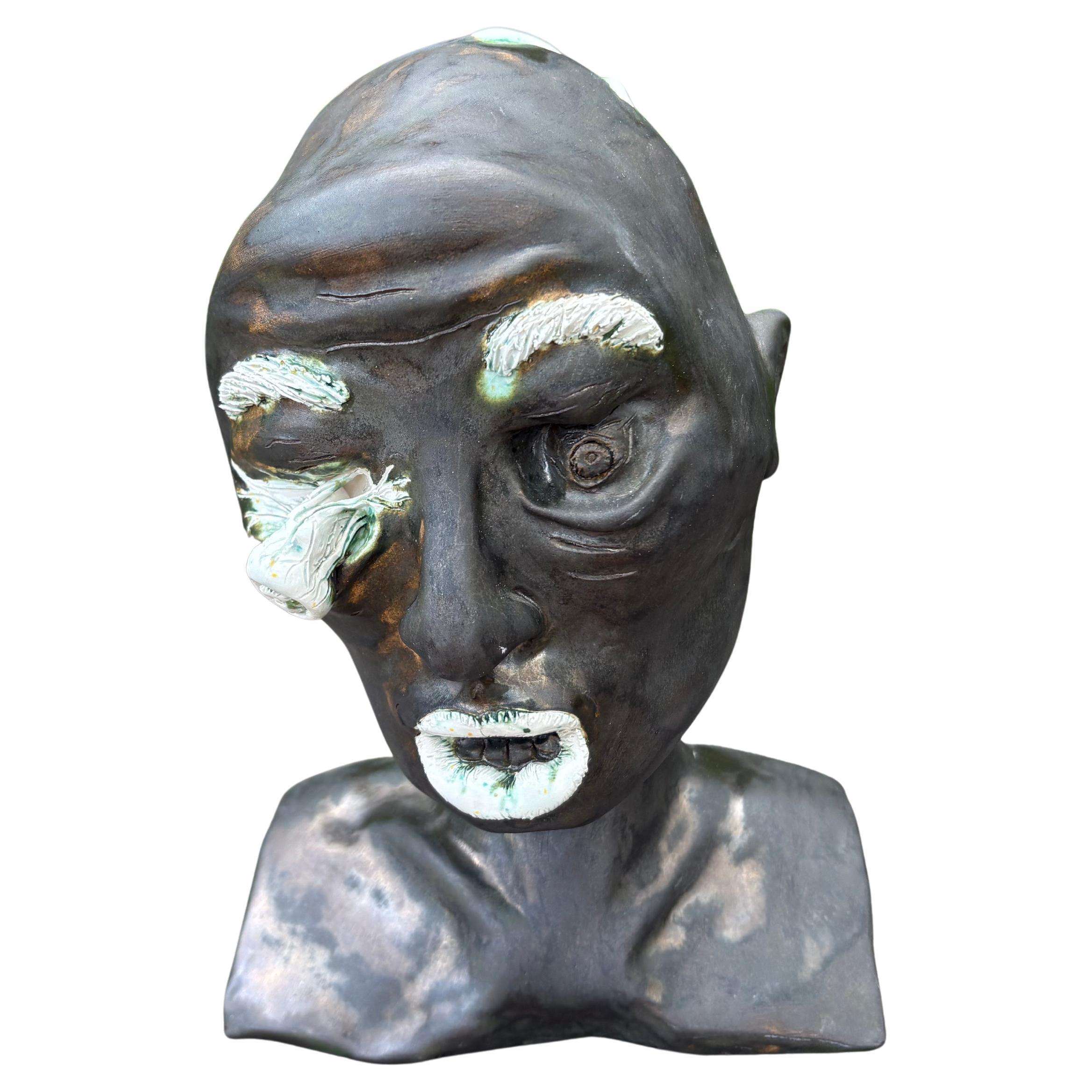 Mid-Century Glazed Pottery Surrealist Bust Sculpture