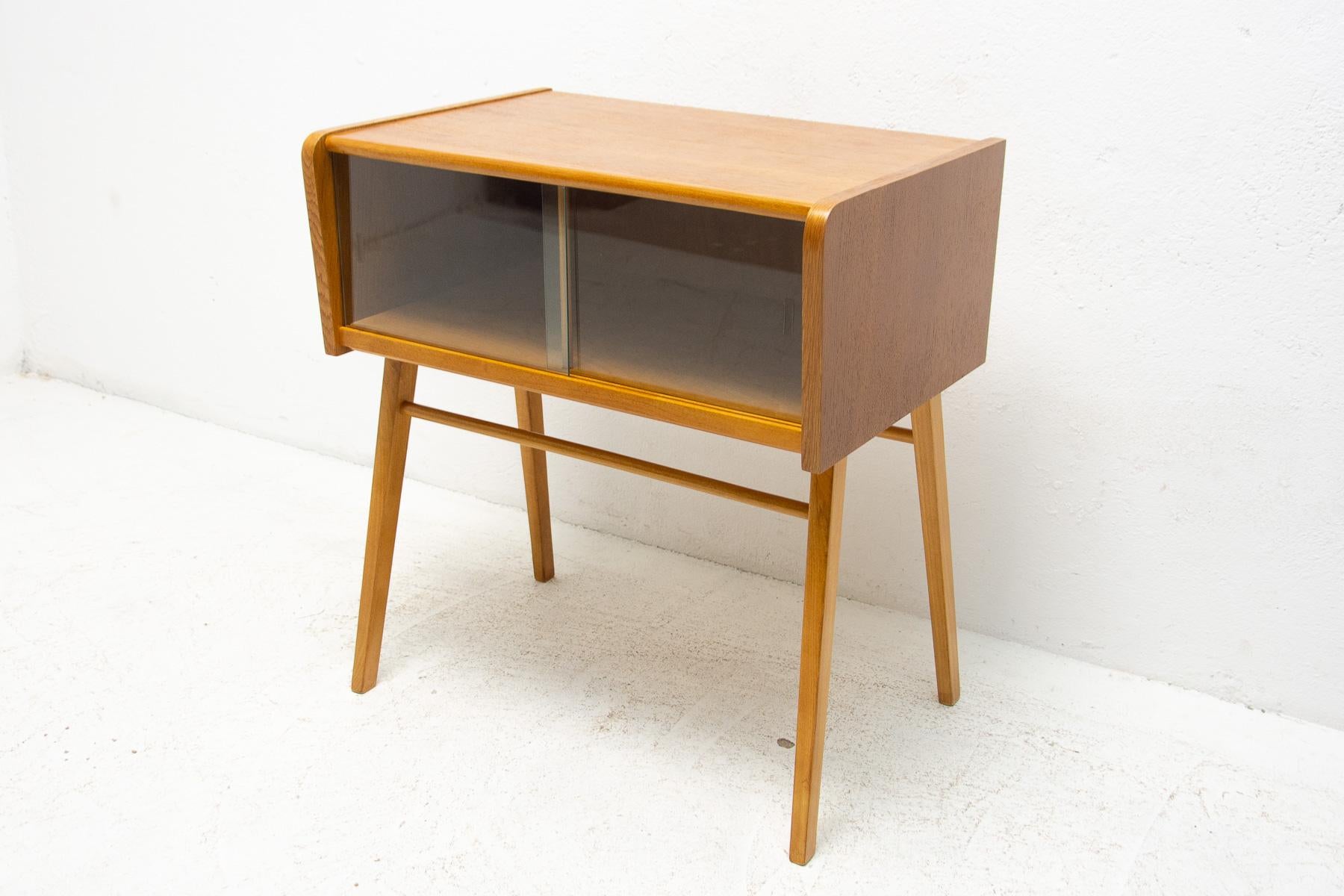 Mid century glazed side table. Manufactured in Czechoslovakia in the 1950´s, material: beechwood, glass. In good Vintage condition, slight signs of age and using.
 