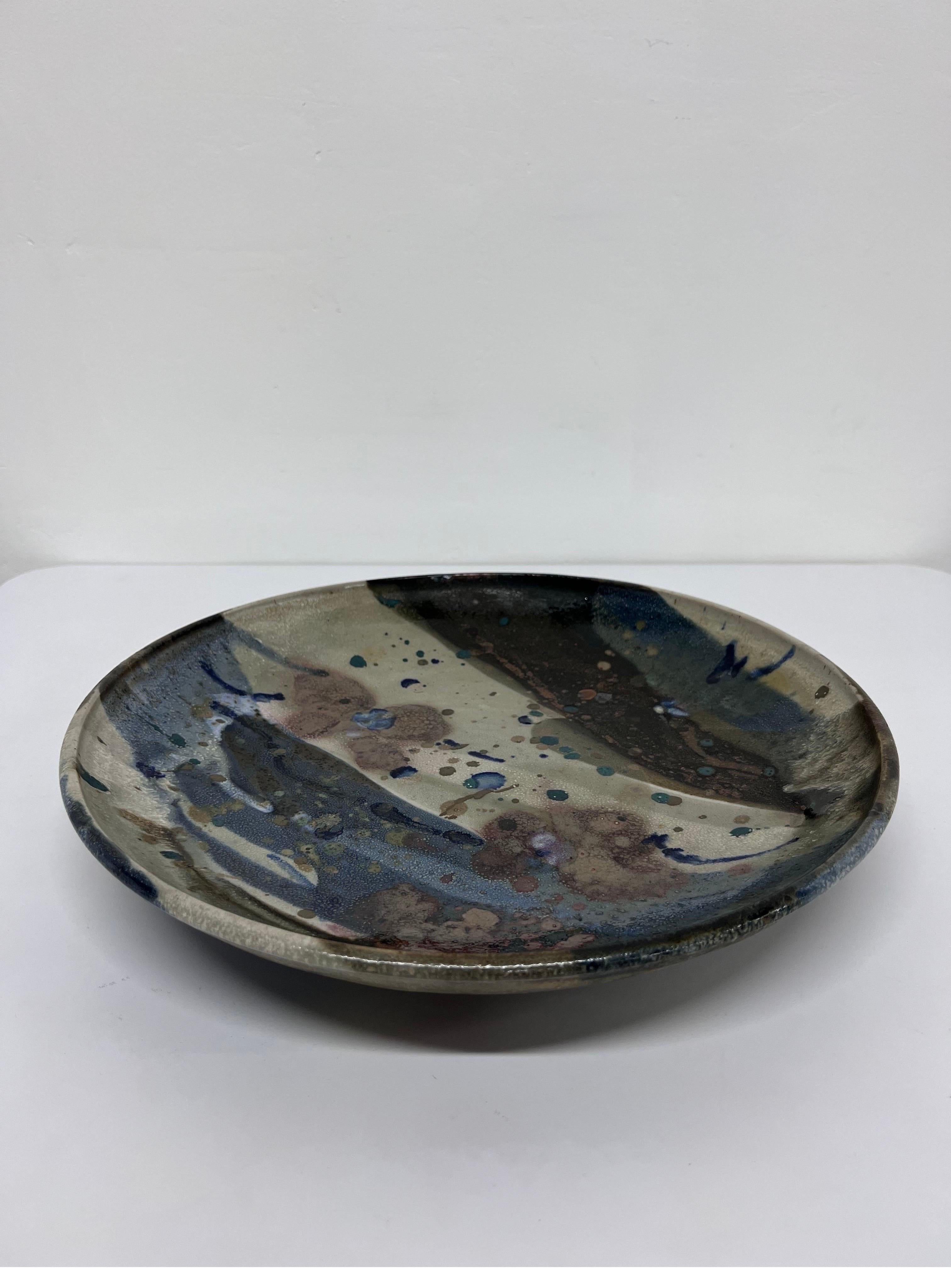 Unknown Mid-Century Glazed Studio Pottery Ceramic Charger or Plate, Signed For Sale